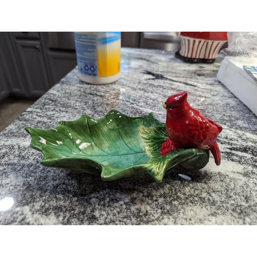 Plaid Tidings by Cracker Barrel Open Candy Dish - Cardinal, Holly. Green Red - Picture 3 of 10